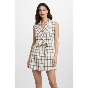 Pendleton Women's Cream Black Windowpane 100% Wool Belted Vest Dress- Size M